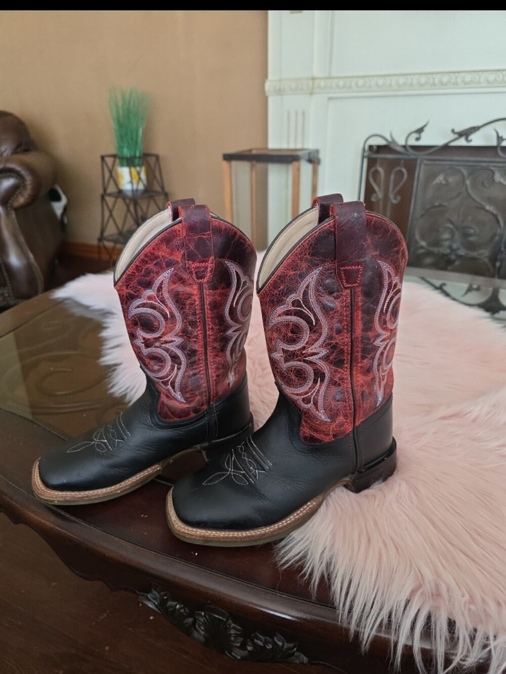 Old West Kids Black and Burnt Red Wide Square Toe Cowboy Boots